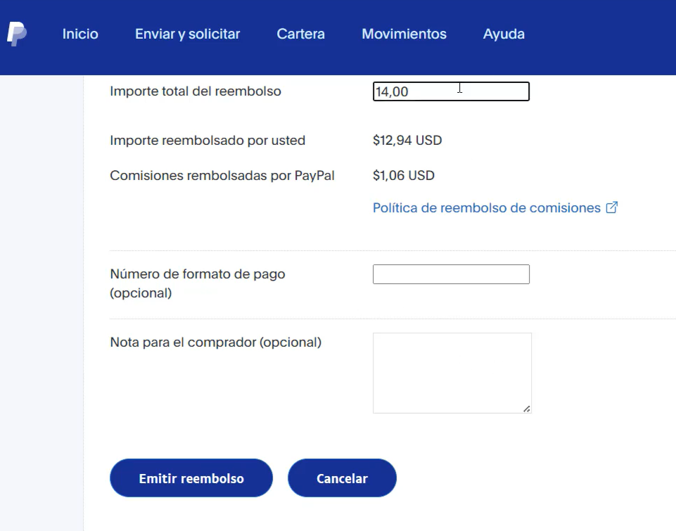 Comisiones PayPal en un REEMBOLSO