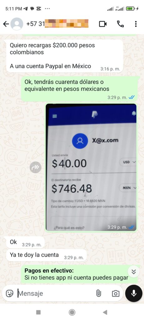 Cotización de la recarga PayPal para el cliente