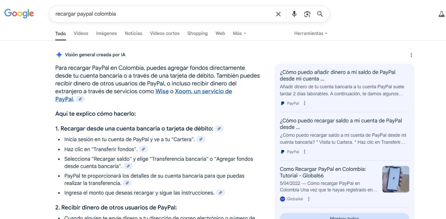 Buscamos "Recargar PayPal Colombia" en Gemini De Google y Analizamos Resultados