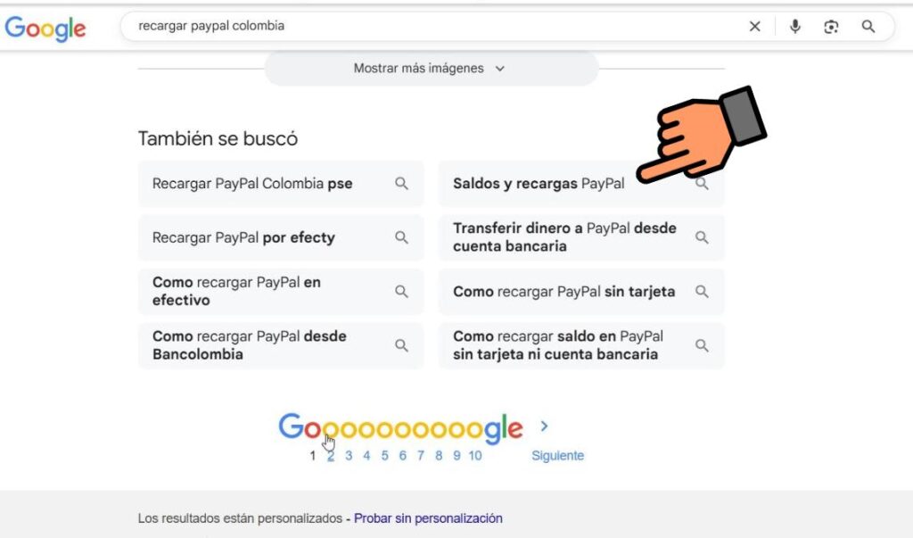 Sugerencia de Google Saldos y Recargas PayPal en resultados de búsqueda