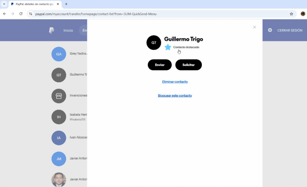 funciones relativas a la lista de contactos de PayPal