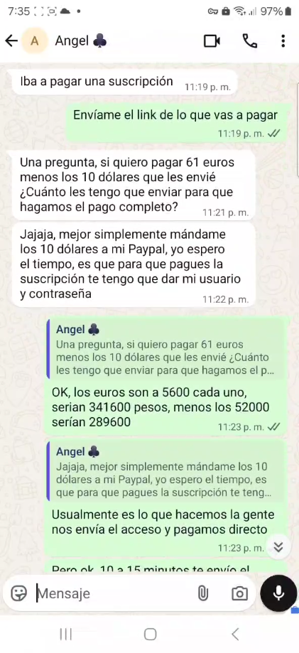 cotización de 61 euros en paypal
